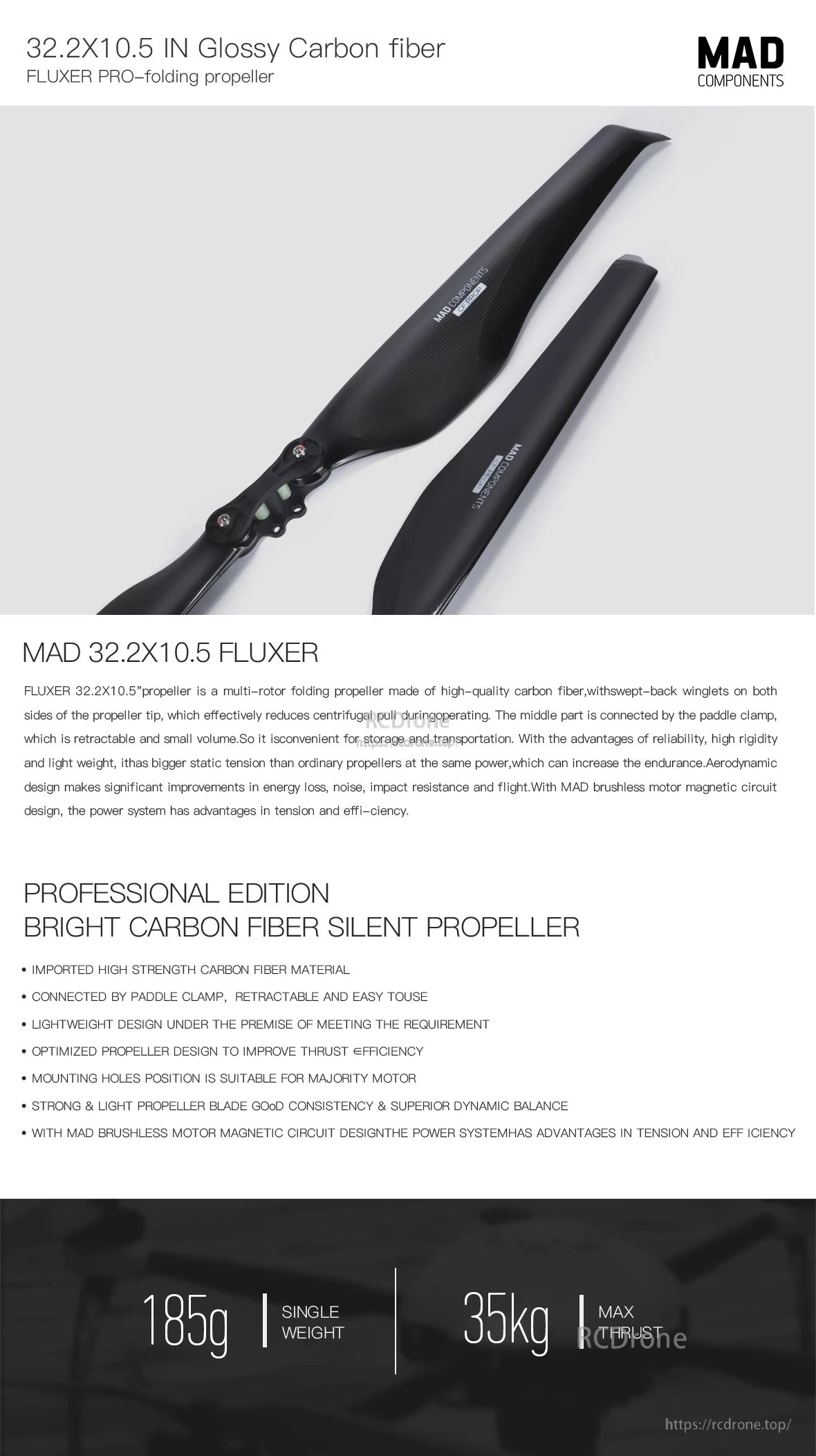 MAD 32.2x10.5 Inch FLUXER Pro Glossy Carbon fiber folding propeller