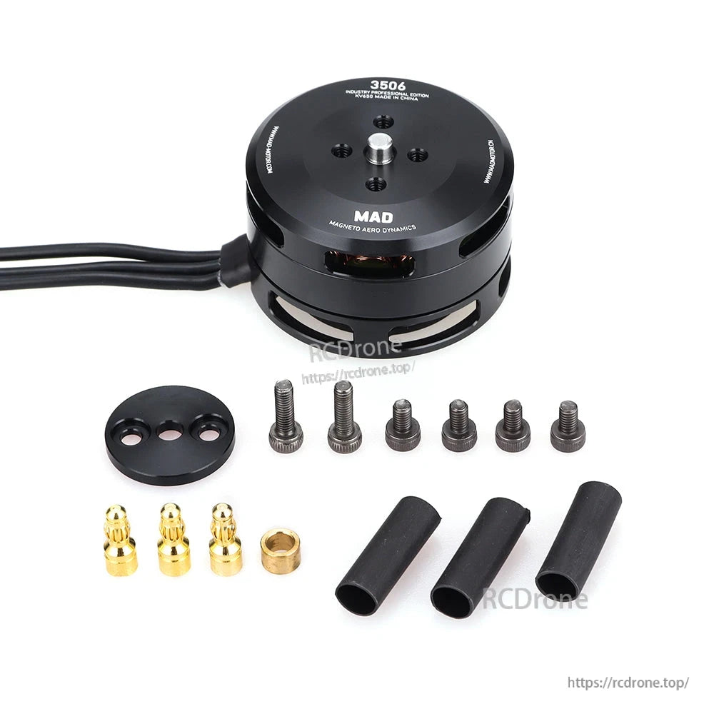 MAD 3506 IPE V1.0 Drone Motor, MAD 3506 drone motor with pre-soldered wires, mounting screws, bullet connectors, and heat-shrink tubing
