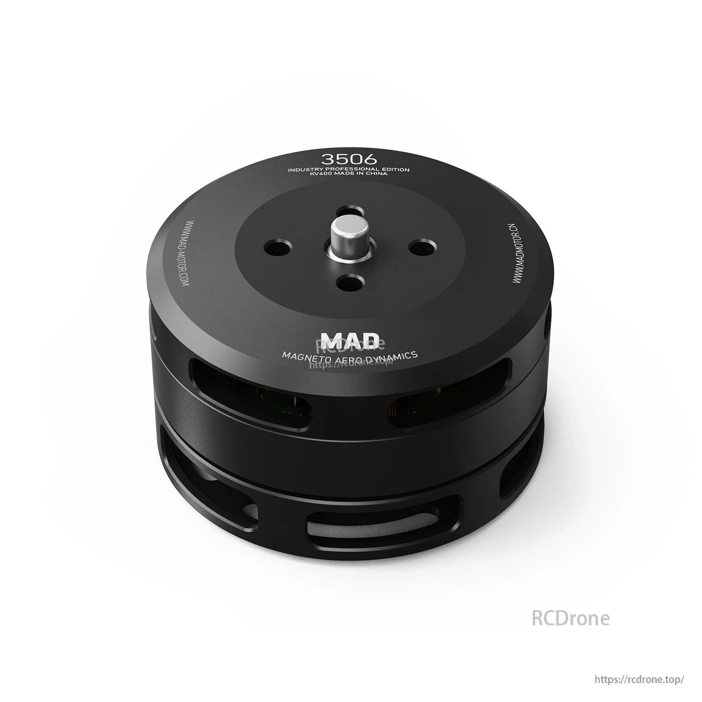 MAD 3506 IPE V1.0 Drone Motor, MAD 3506 drone motor in black with top-mounted shaft and mounting holes, Magneto Aero Dynamics branding