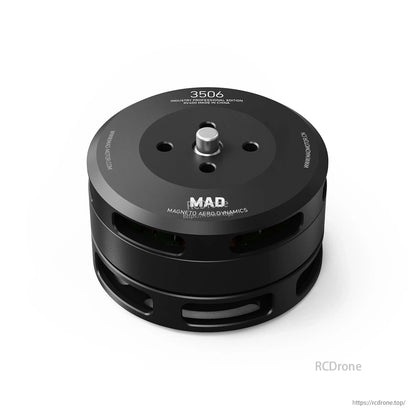 MAD 3506 IPE V1.0 Drone Motor, MAD 3506 drone motor in black with top-mounted shaft and mounting holes, Magneto Aero Dynamics branding