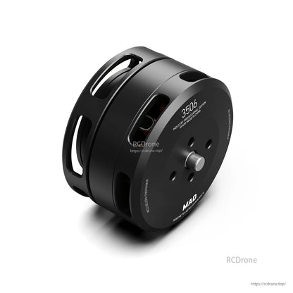 MAD 3506 IPE V1.0 Drone Motor, MAD 3506 drone motor with black aluminum housing, slotted bell design, and threaded output shaft