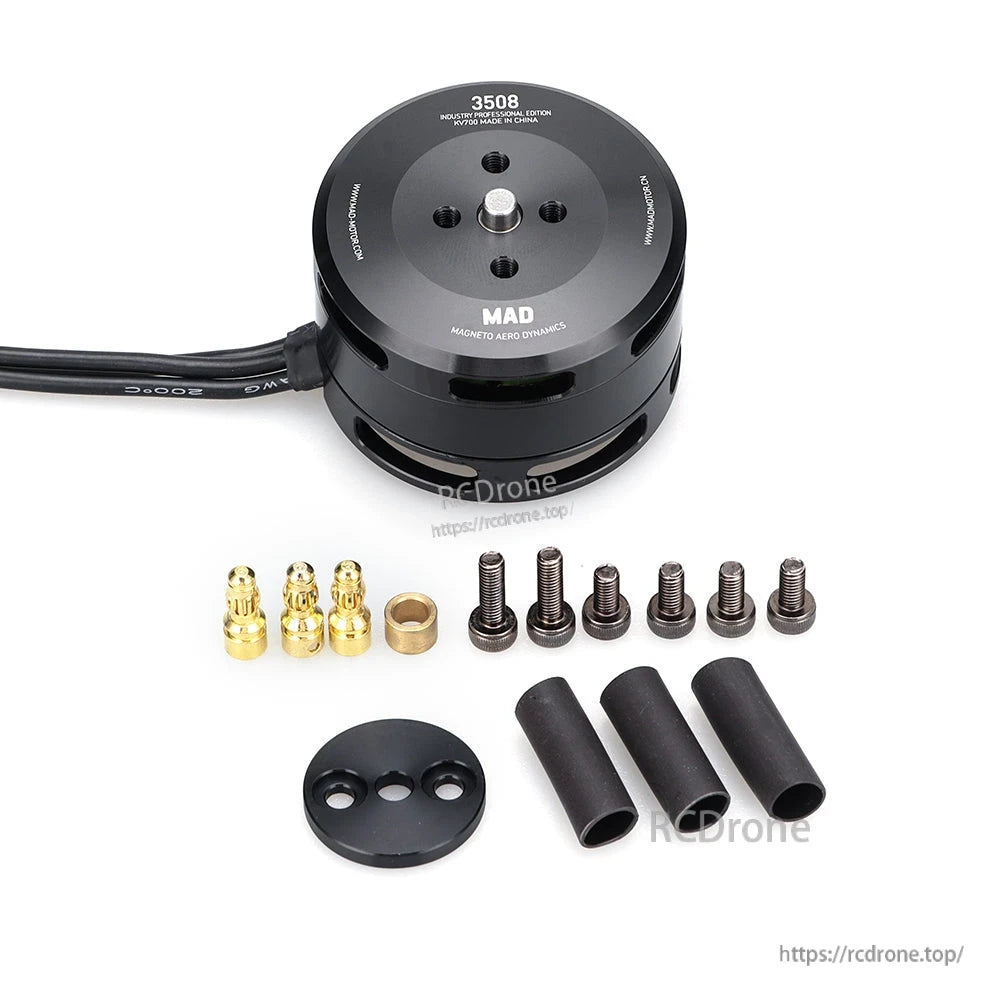 MAD 3508 IPE Drone Motor, MAD 3508 drone brushless motor with attached cable, bullet connectors, mounting screws, and spacers