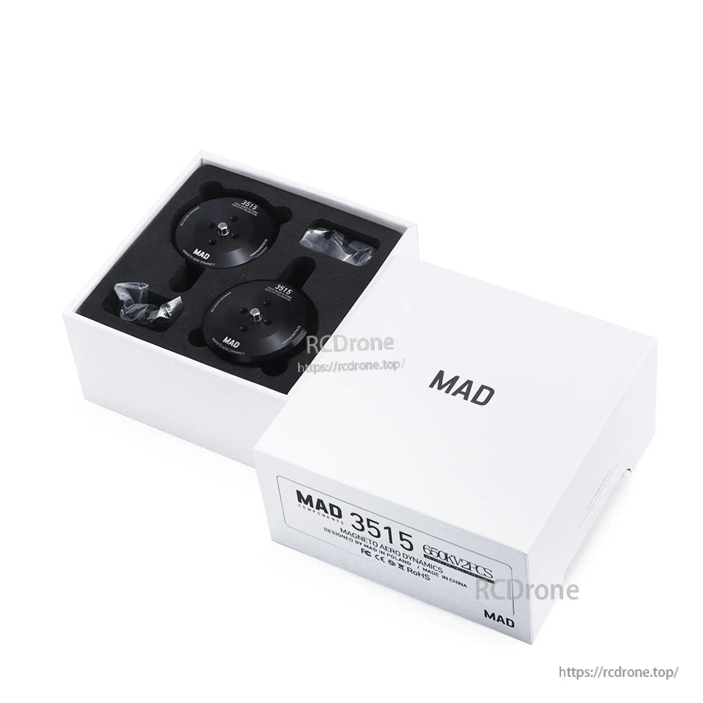 MAD 3515 IPE drone motor set in retail box with two black motors seated in foam and small parts bags