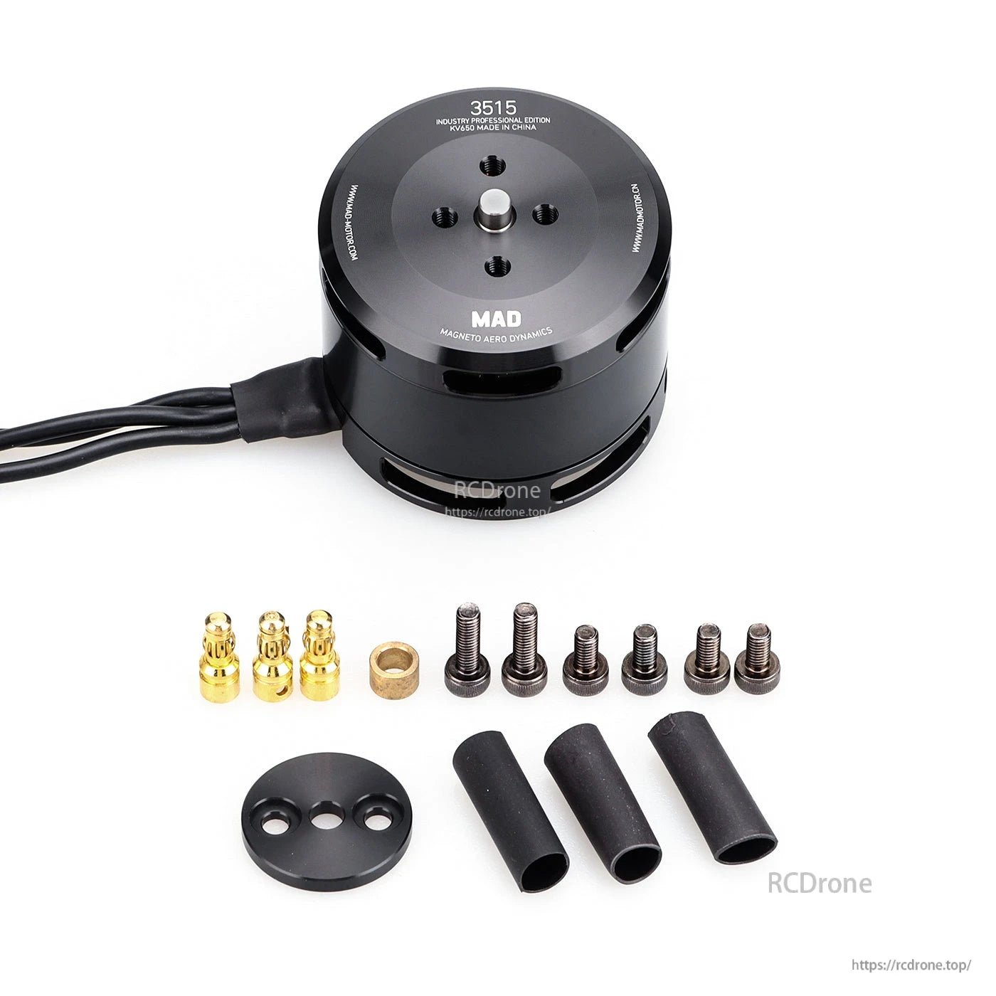MAD 3515 IPE Drone Motor, MAD 3515 drone motor with attached wires, plus screws, bullet connectors, mounting plate, and heat-shrink tubing