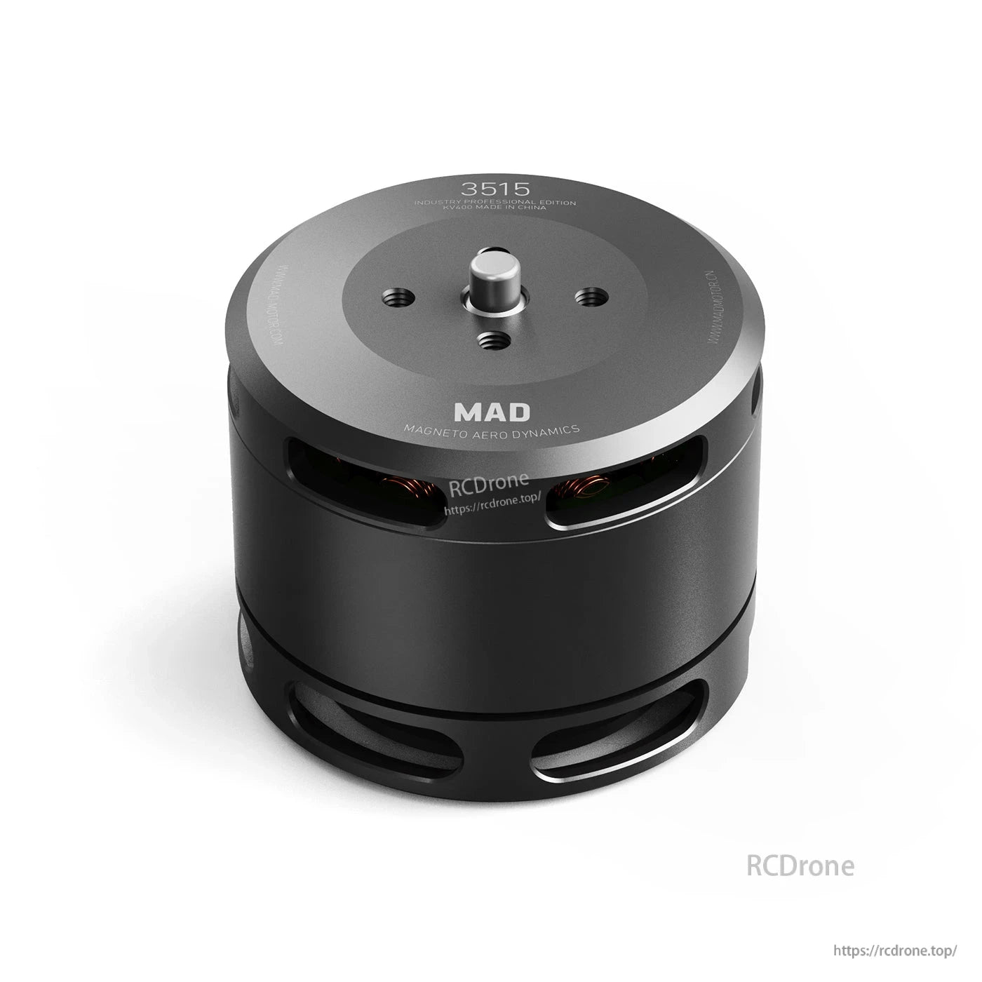 MAD 3515 IPE drone motor with black aluminum housing, top-mounted shaft, and ventilation cutouts