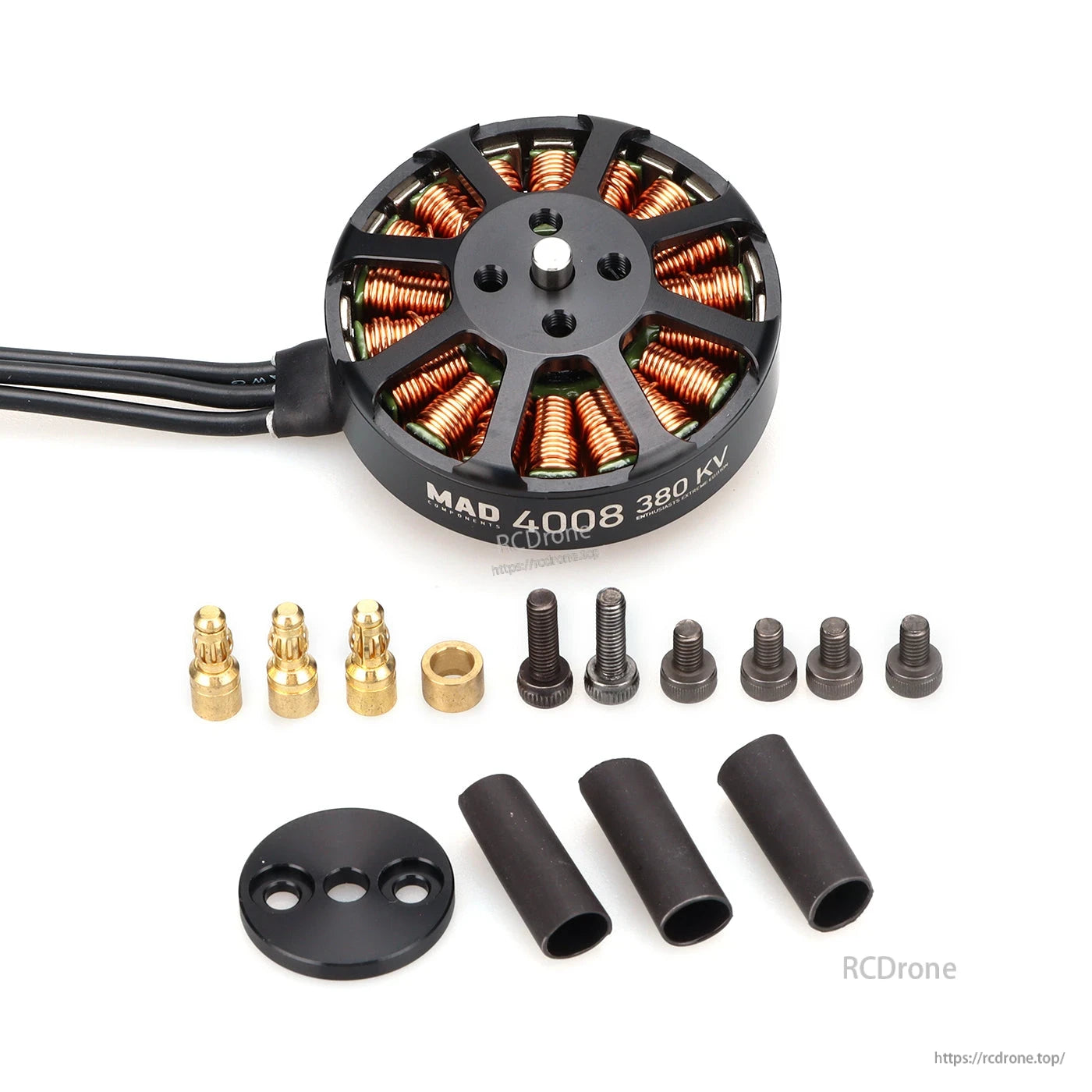MAD 4008 EEE Drone Motor, MAD 4008 380KV brushless drone motor with three wires, bullet connectors, screws and heat-shrink tubing