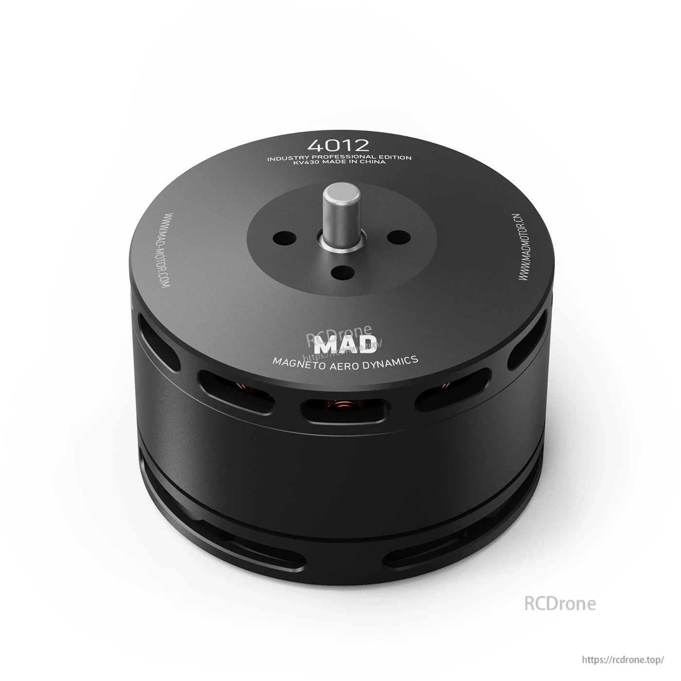 MAD 4012 IPE 430KV Drone Motor, MAD 4012 drone brushless motor in black anodized housing with top-mounted shaft and vented can