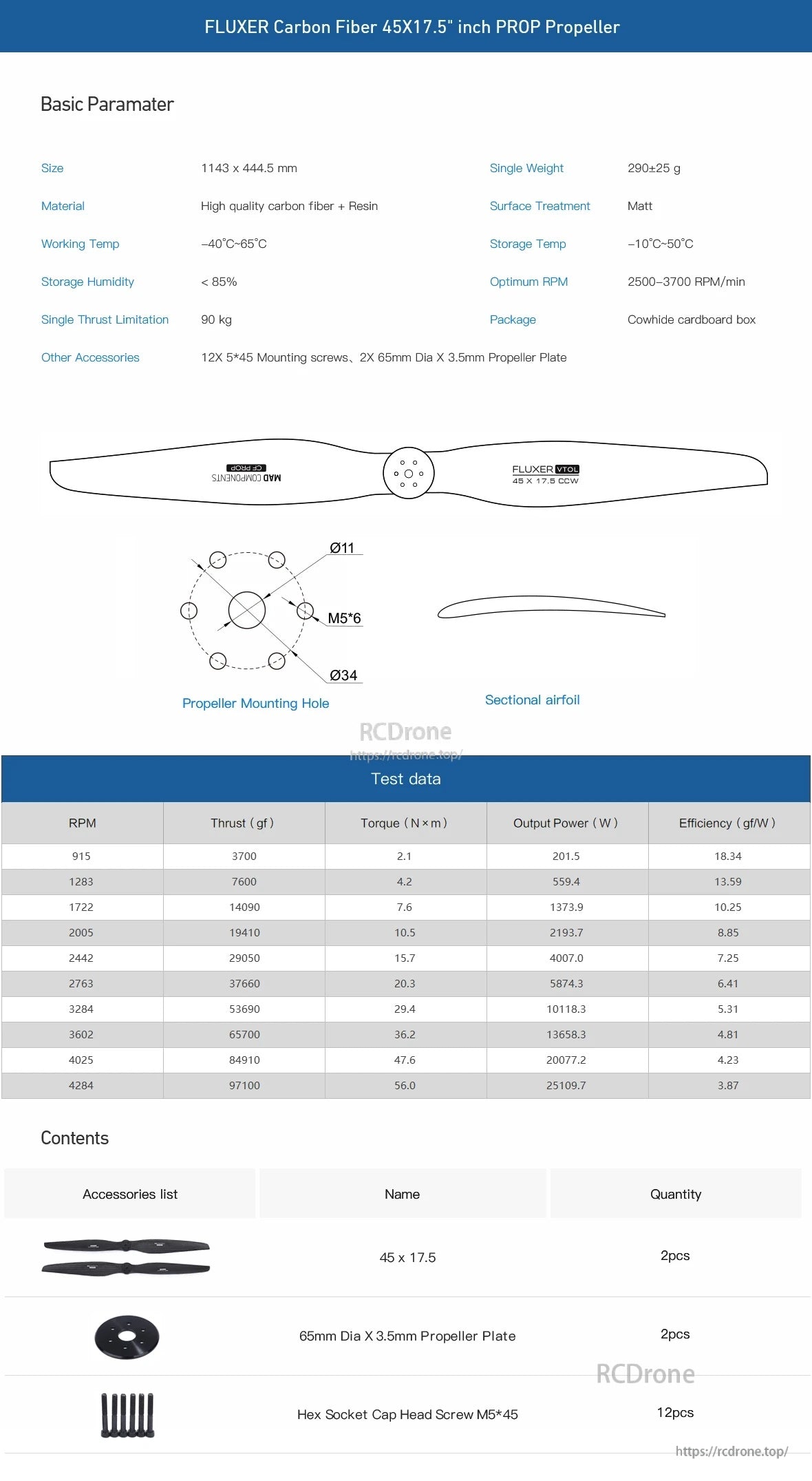 MAD FLUXER EVTOL Carbon Fiber Propeller, Spec sheet for FLUXER 45x17.5 inch carbon fiber RC/drone propeller with mounting hole diagram and package contents