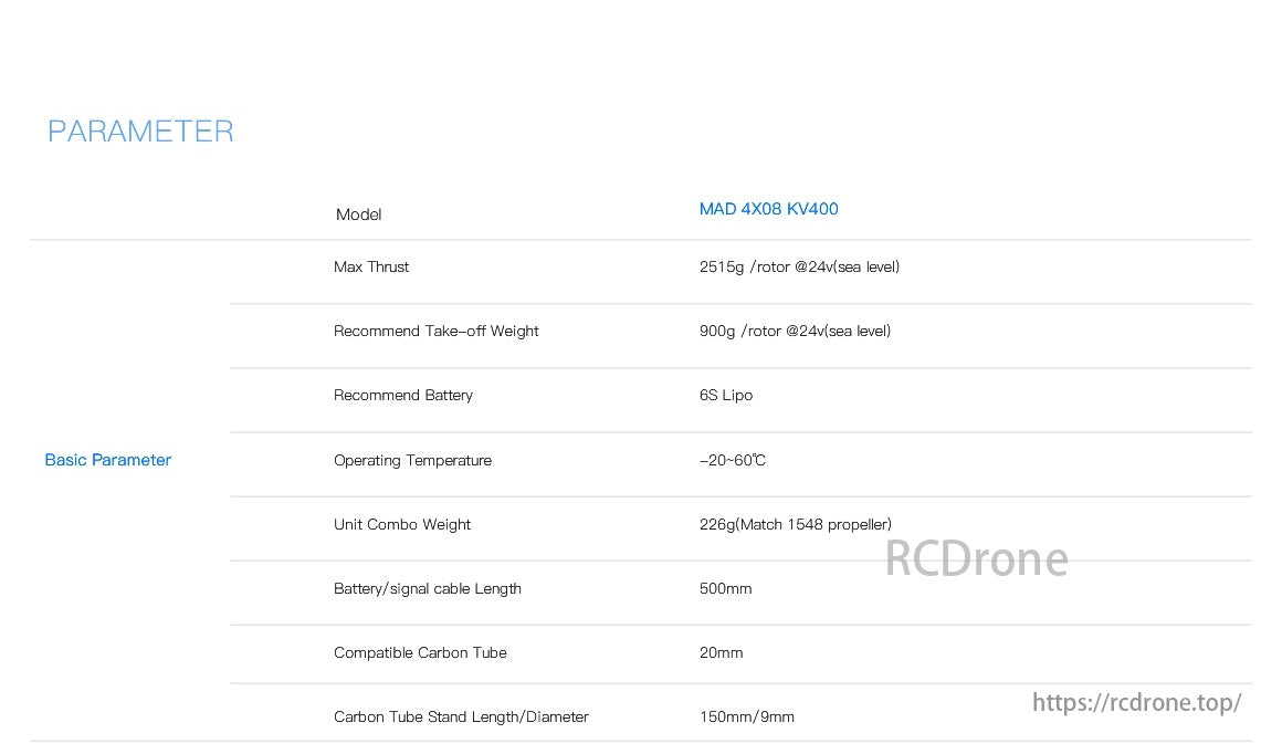 MAD 4x08 Drone Arm Set 400KV 2.5kgF/rotor, MAD 4X08 KV400 specs: 2515g thrust, 900g take-off weight/rotor, 6S Lipo, -20 to 60°C, 226g with propeller, 500mm cables, 20mm carbon tube.
