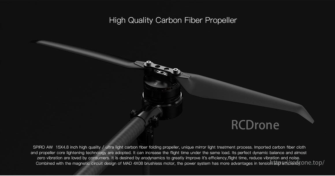 MAD 4x08 Drone Arm Set 400KV 2.5kgF/rotor, SPIRO AW 15X4.8 inch carbon fiber propeller boosts flight time, balance, reduces vibration/noise; excels with MAD 4X08 motor for efficiency.