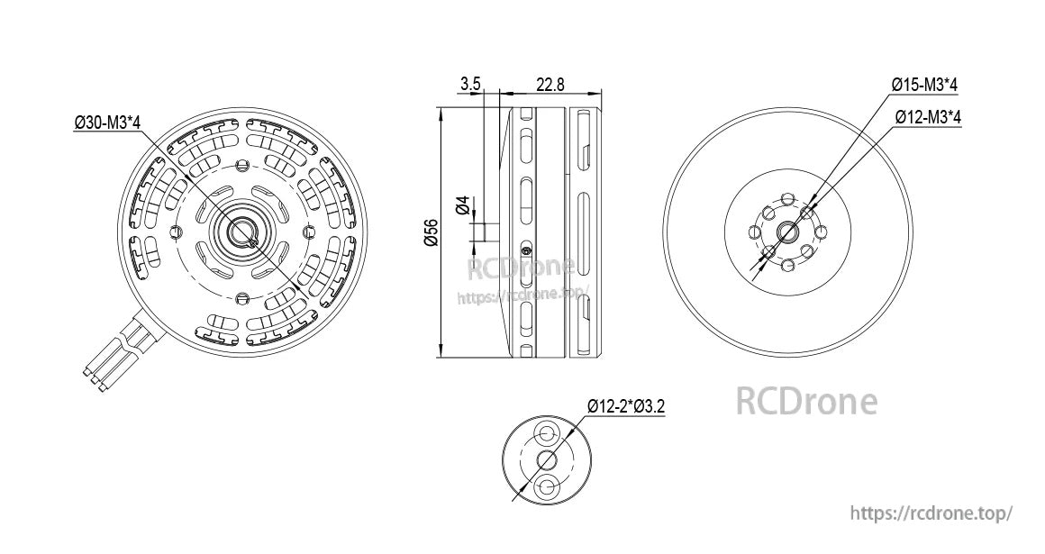 MAD 5005 IPE V2.0 drone motor dimensional drawing with top and side views and mounting hole sizes