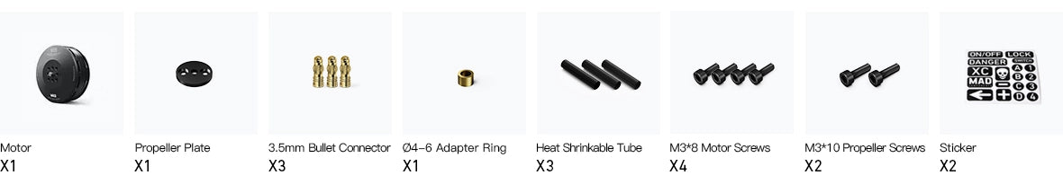 MAD 5005 IPE V2.0 drone motor kit with propeller plate, bullet connectors, adapter ring, screws, heat shrink, and stickers