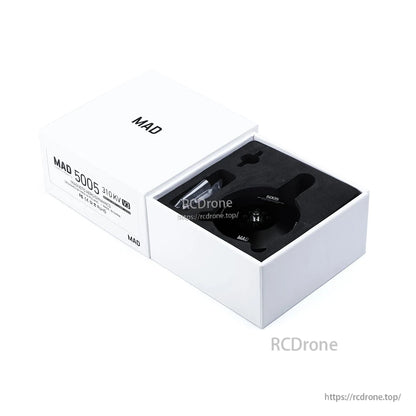 MAD 5005 IPE V2.0 Drone Motor, MAD 5005 drone motor retail box packaging with “MAD 5005” label on a white background