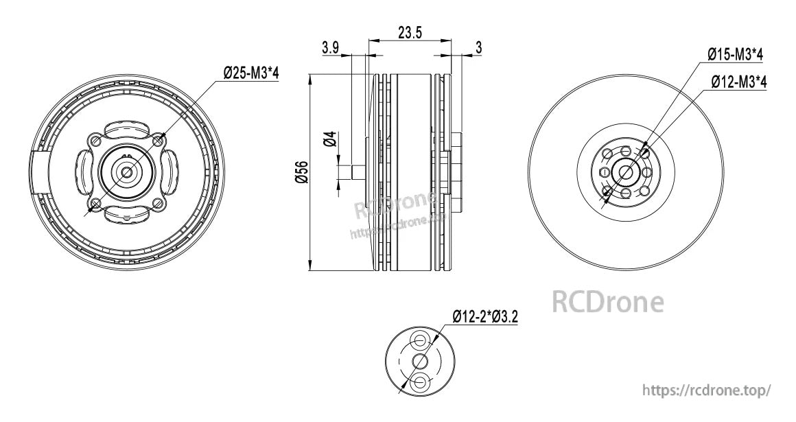 MAD 5008 PRO IPE drone motor dimension drawing with mounting hole pattern and 23.5 mm body width
