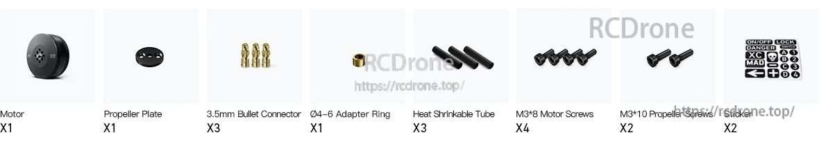 MAD 5008 PRO IPE drone motor kit with propeller plate, adapter ring, bullet connectors, screws, and heat shrink