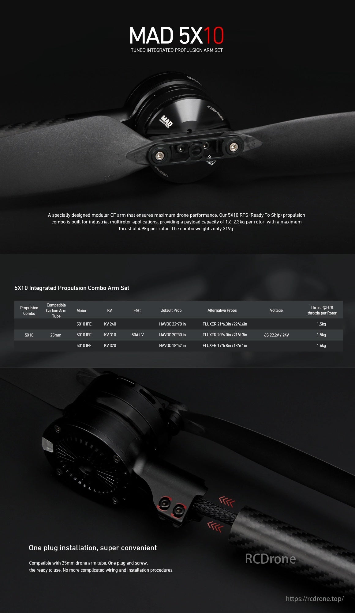 MAD 5X10 5010 Drone Arm Set, MAD 5X10 propulsion arm set offers industrial-grade drone performance, 1.6-2.3kg payload, 4.9kg thrust, 319g weight, easy plug installation, fits 25mm arms.