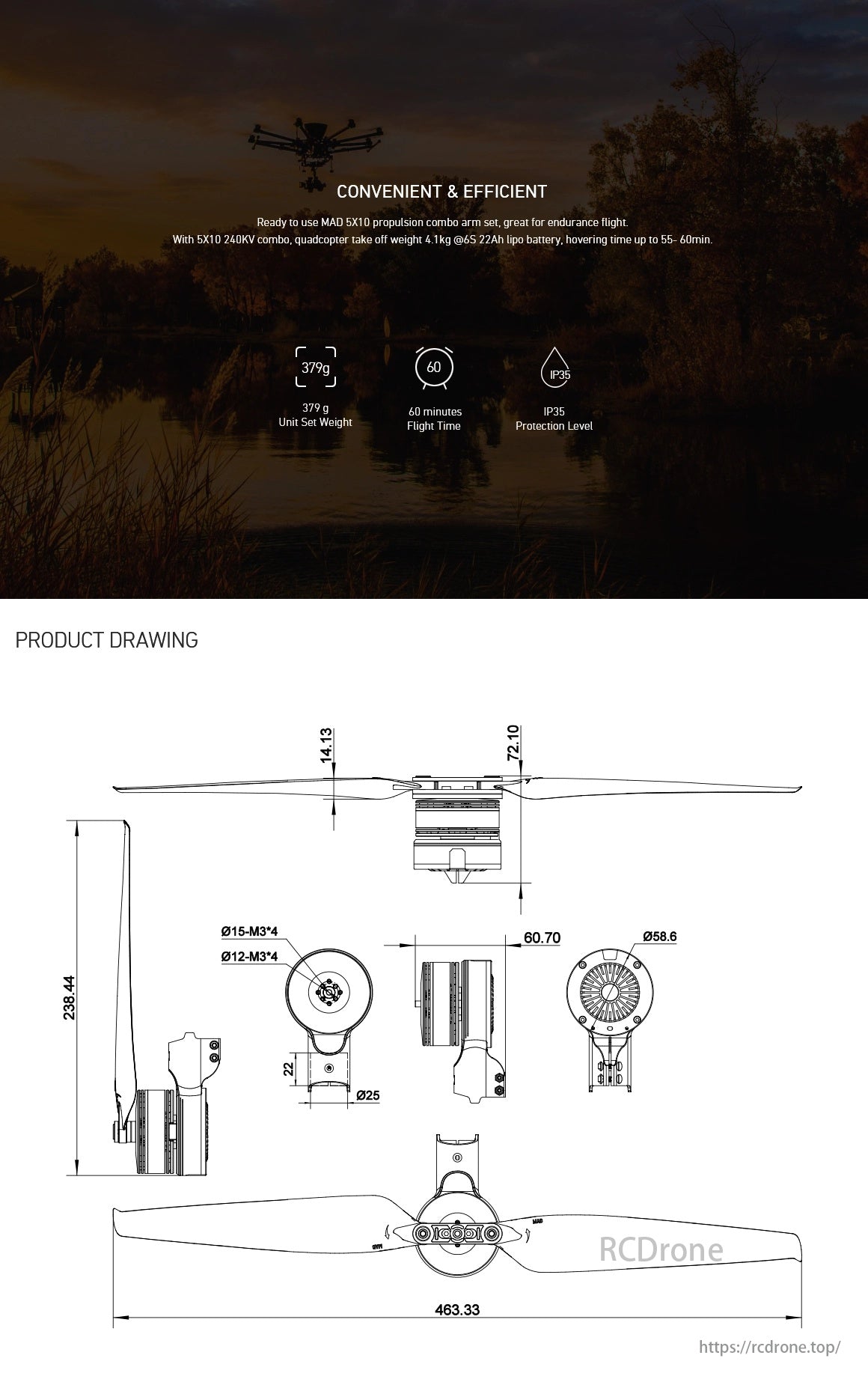 MAD 5X10 5010 Drone Arm Set, Efficient drone with MAD 5X10 propulsion, 379g, 60 min flight, IP35 protection. Ideal for endurance flights; drawing includes assembly dimensions.