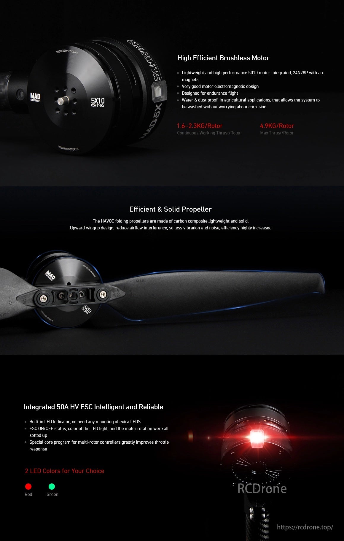 MAD 5X10 5010 Drone Arm Set, High-efficiency brushless motor, lightweight, water/dust-proof, 1.6-2.3KG continuous thrust. Carbon propellers, 50A HV ESC with LED indicator.