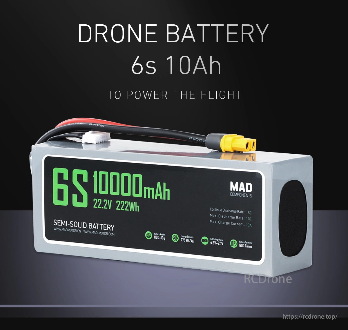 MAD 6S 10Ah Solid State Li-ion Drone Battery, 6S 10Ah drone battery, 22.2V, 222Wh, 5C continuous/10C max discharge, 10A max charge, high energy density, long cycle life.
