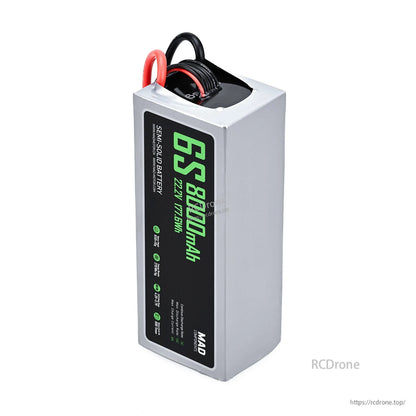 MAD 6S 8000mAh 22.2V semi-solid drone battery pack with rectangular case and red/black leads on top