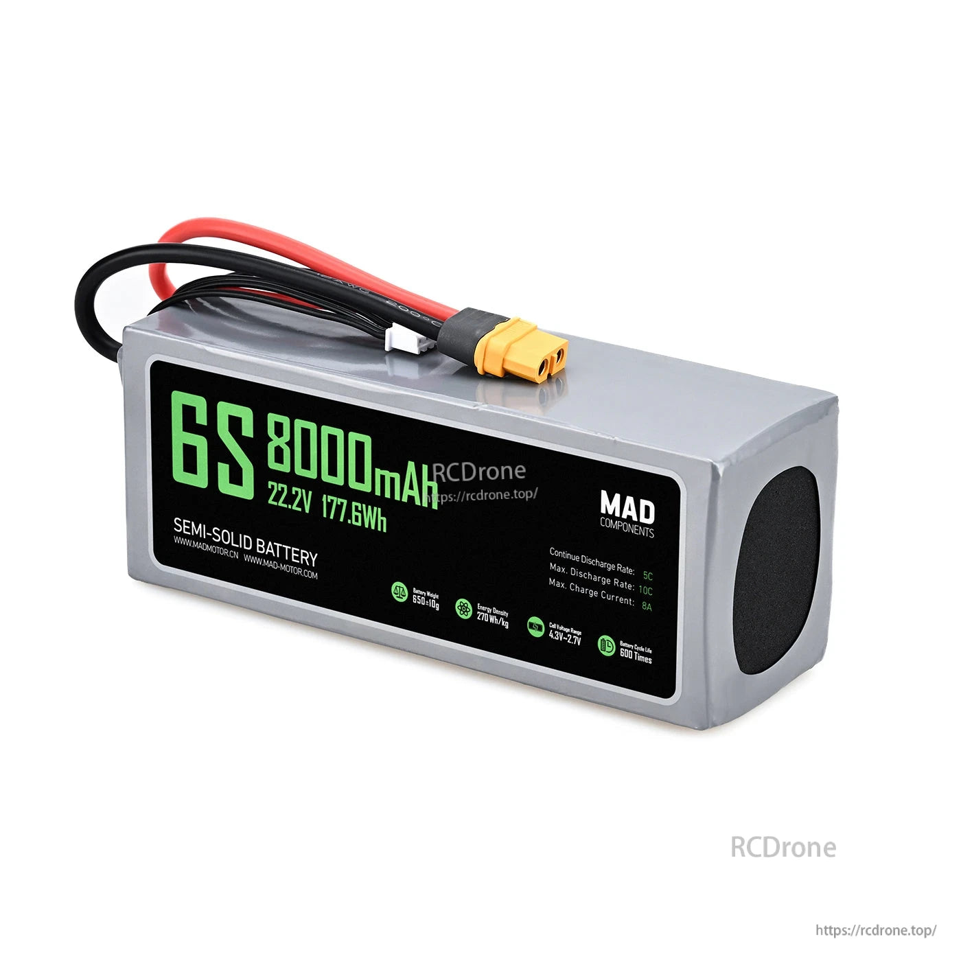 MAD 6S 8000mAh 22.2V semi-solid RC drone lithium-ion battery pack with XT60 connector and label