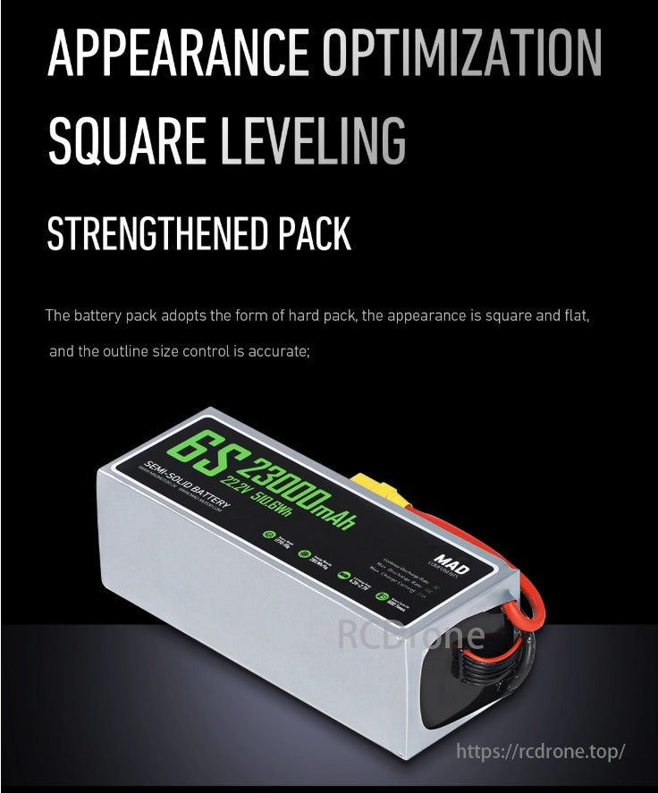 MAD 6S Drone Battery, Battery pack optimized for appearance, square and flat with precise sizing. Features 6S 23000mAh capacity.