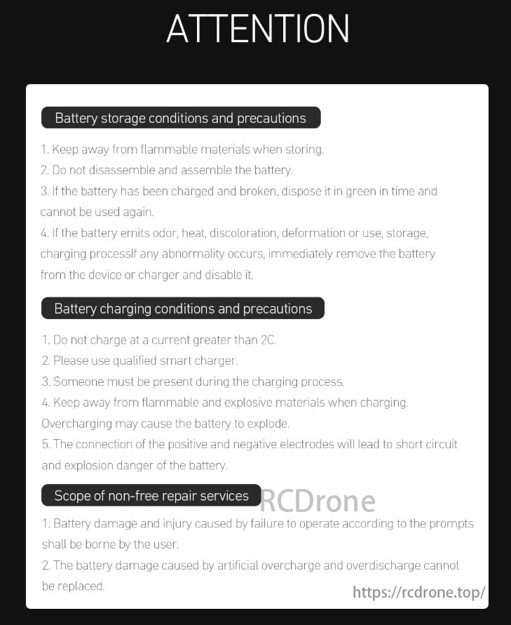 MAD 6S Drone Battery, Store batteries away from flammable materials, use qualified chargers, avoid overcharging/disassembling. Dispose of damaged batteries; repair services cover misuse.