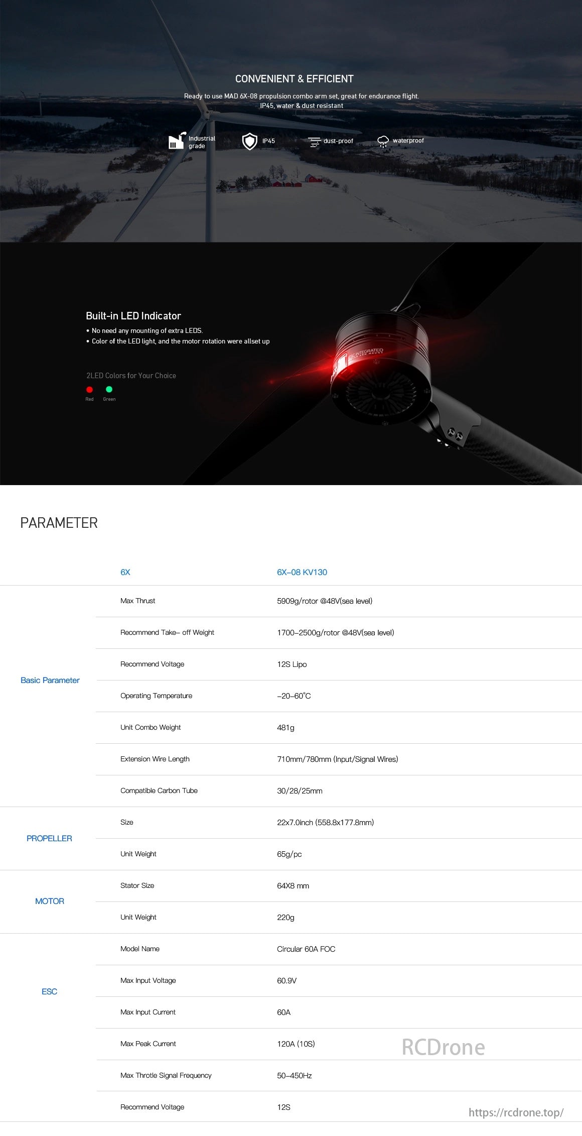 MAD 6X-08 M6C08 Drone Arm Set, Propulsion combo arm set for endurance flight with LED indicator, water and dust resistant.