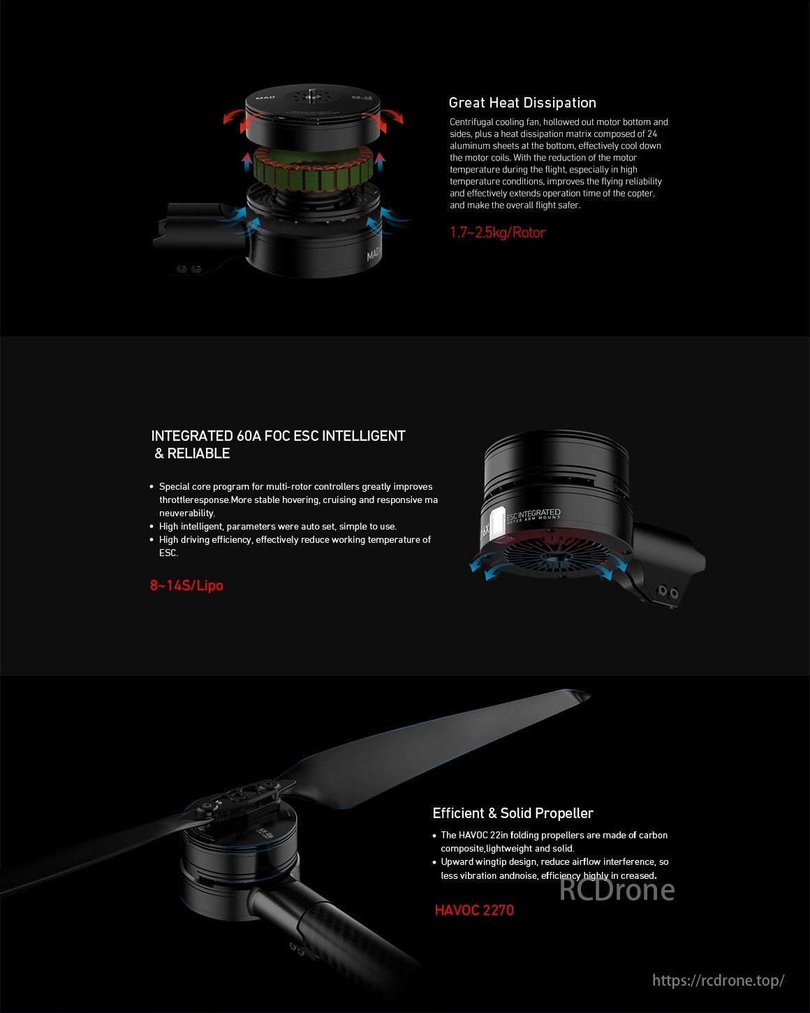 MAD 6X-08 M6C08 Drone Arm Set, Centrifugal fan and aluminum sheets for cooling, 60A FOC ESC for reliability, carbon composite propellers for stability and low noise.