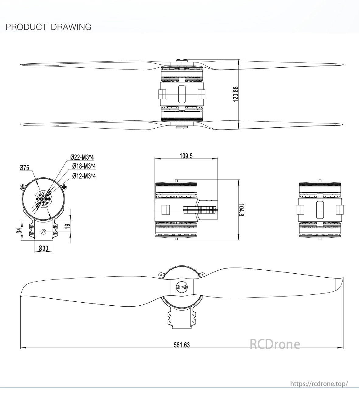 MAD 6X08-II 130KV Coaxial Drone Arm Set, Product drawing includes dimensions and specifications for a propeller assembly.