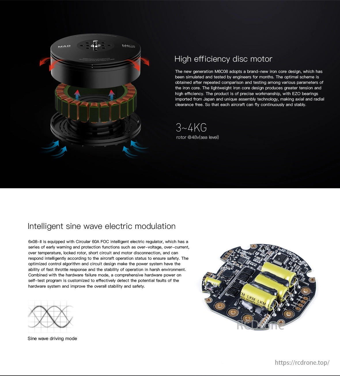 MAD 6X08-II 130KV Coaxial Drone Arm Set, A high-efficiency disc motor with a lightweight core and 60A FOC regulator provides strong performance, safety, and reliability in tough conditions.