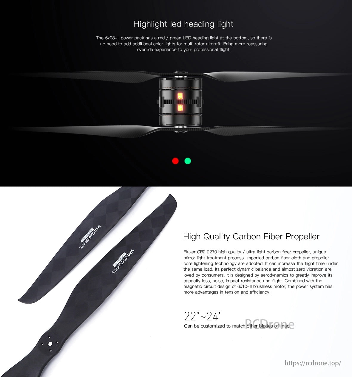 MAD 6X08-II 130KV Coaxial Drone Arm Set, LED heading light ensures visibility; carbon fiber propeller with mirror light treatment enhances flight time, reduces noise. Customizable 22"-24".