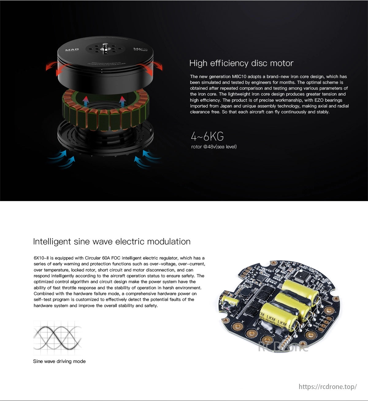 MAD 6X10-II 150KV Coaxial Drone Arm Set, A high-efficiency disc motor with a lightweight core and 60A FOC regulator provides strong performance, safety, and stability in tough conditions.