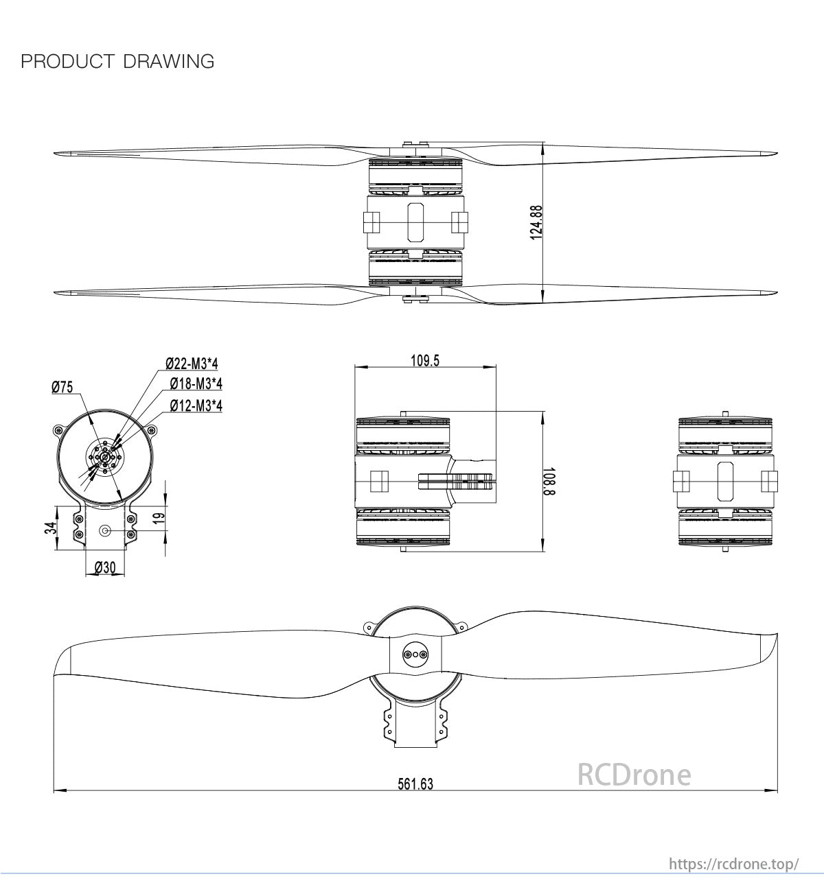 MAD 6X10-II 150KV Coaxial Drone Arm Set, Product drawing details dimensions and specifications for a propeller assembly.