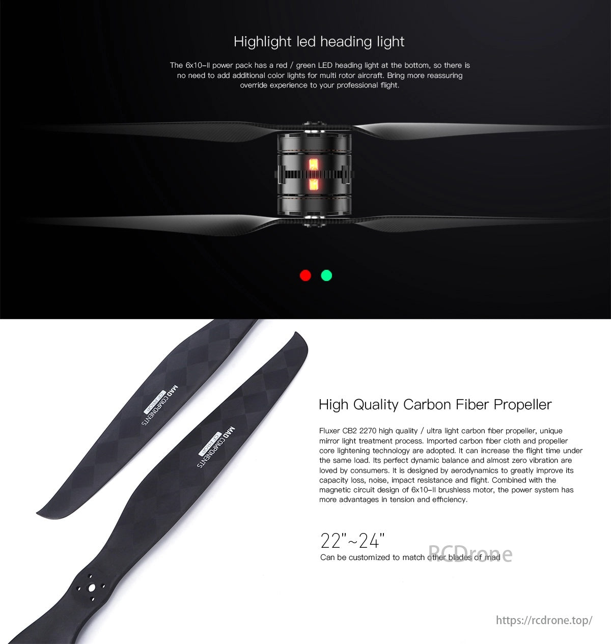 MAD 6X10-II 150KV Coaxial Drone Arm Set, LED heading light ensures visibility; high-quality carbon fiber propeller with mirror light treatment enhances flight, balance, and reduces vibration. Customizable.