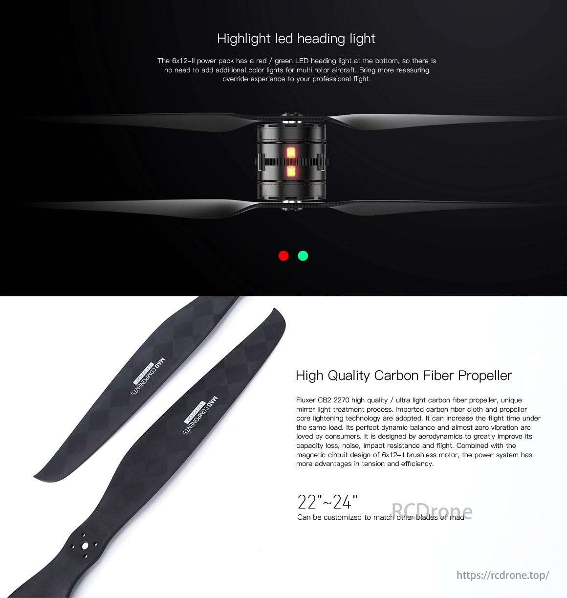 MAD 6X12-II 170KV Coaxial Drone Arm Set, LED heading light ensures visibility; high-quality carbon fiber propeller with mirror light treatment enhances flight time, balance, and efficiency in multi-rotor aircraft.