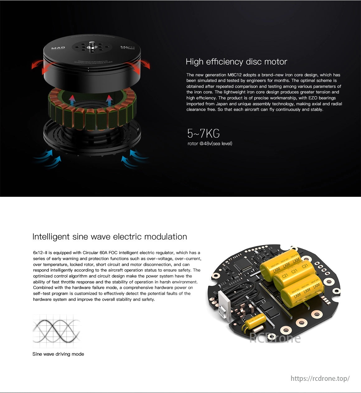 MAD 6X12-II 170KV Coaxial Drone Arm Set, Lightweight iron core disc motor offers high efficiency, tension. 6x12-II with 60A FOC regulator ensures safety, stability, fast response.