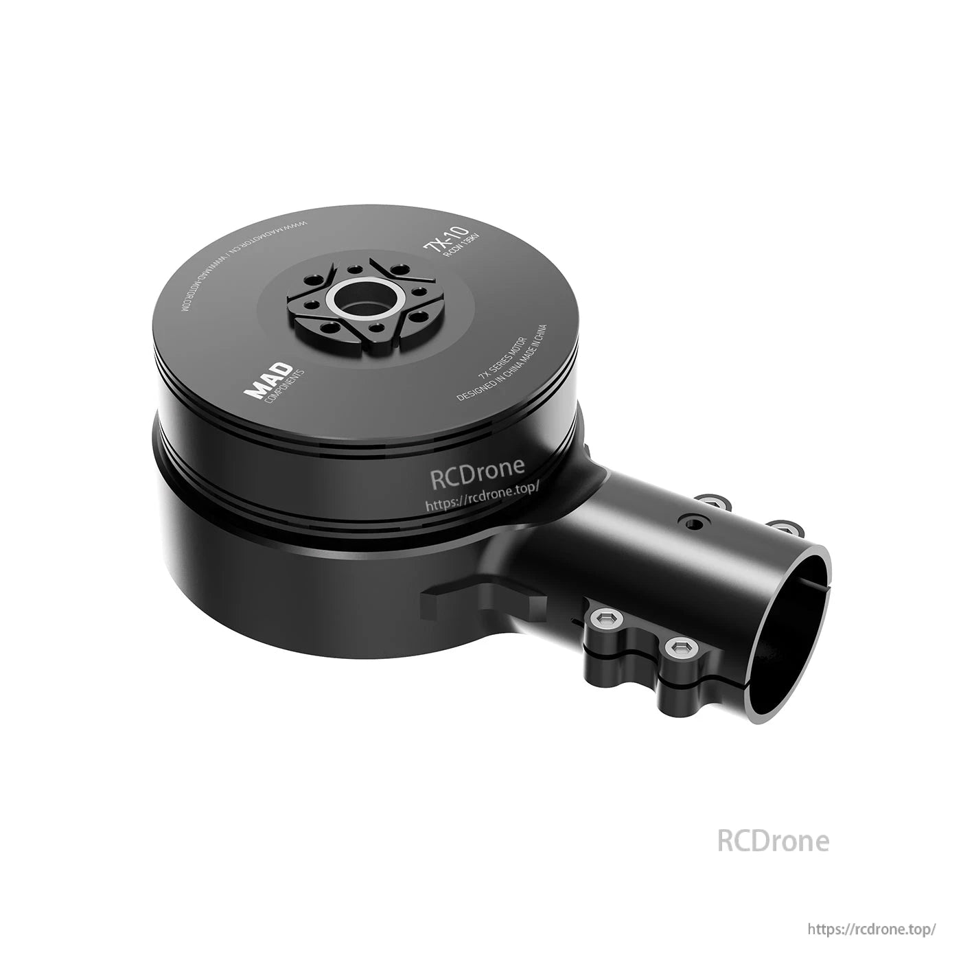 MAD 7X-10 135KV drone arm module with round motor housing and tube clamp mount in black finish