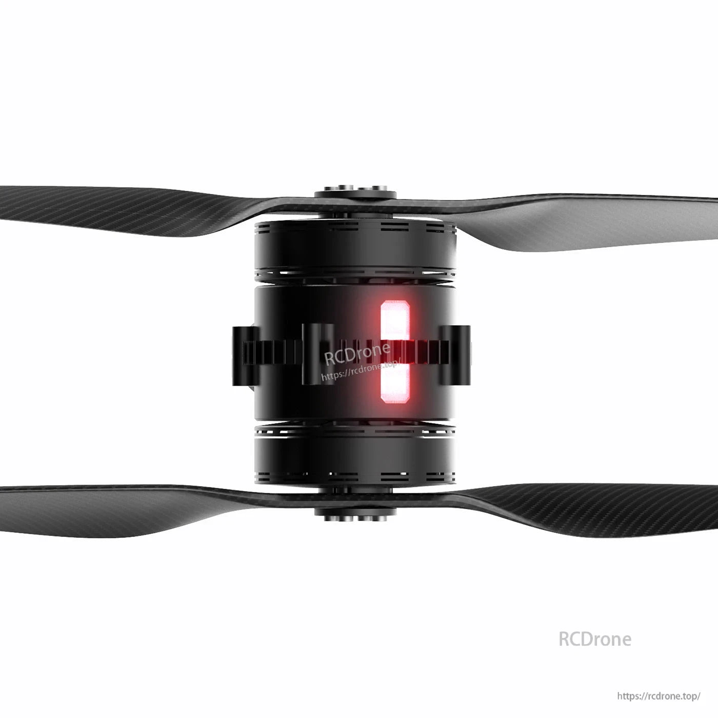Coaxial drone propulsion module with dual carbon propellers and central motor housing with red LED indicator