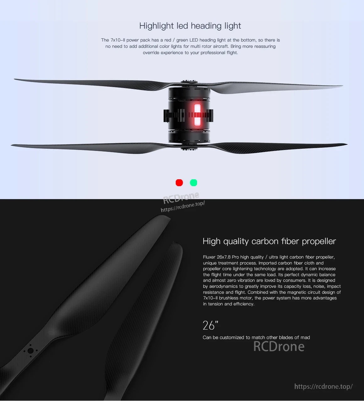 Coaxial drone motor with dual carbon fiber propellers and red/green LED heading light, 26-inch blade size