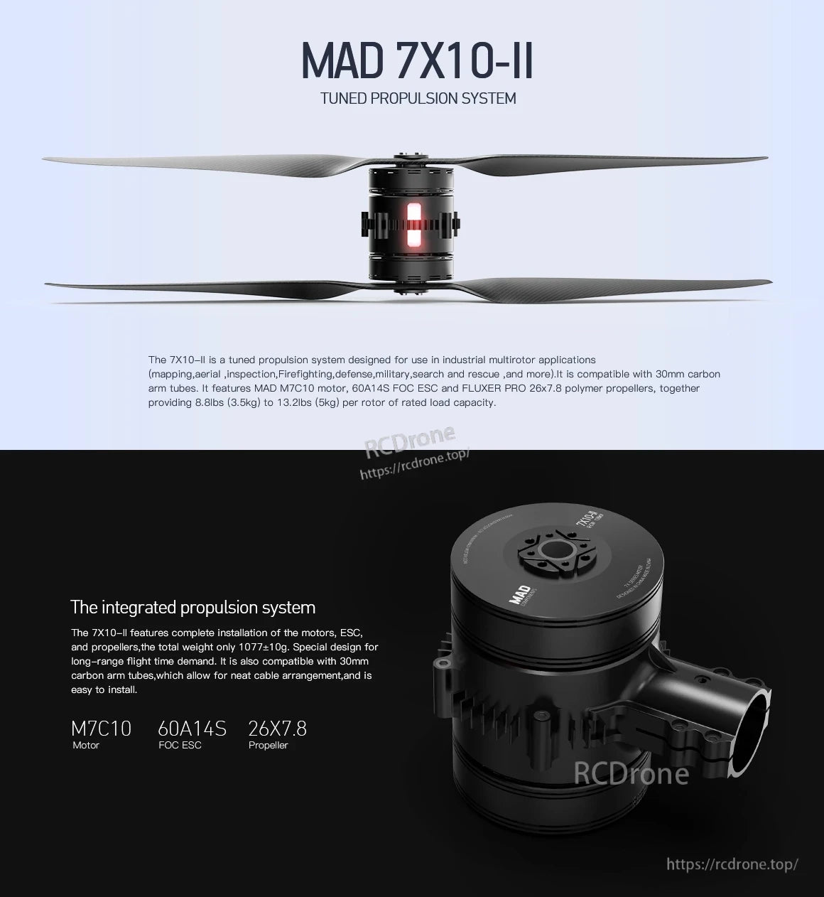 MAD 7X10-II coaxial drone propulsion module with dual propellers and integrated motor/ESC housing