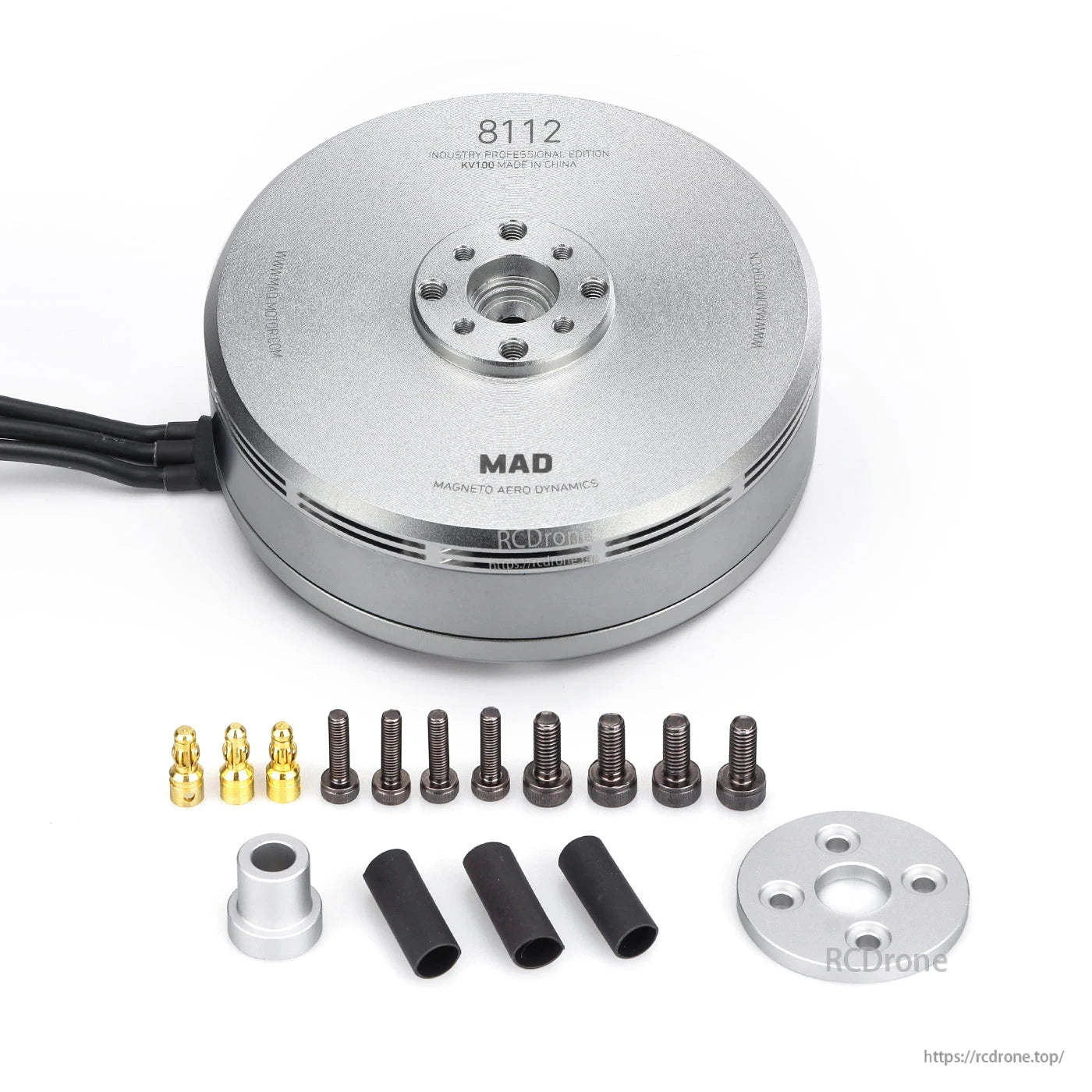 MAD 8112 IPE Silver 100KV Drone Motor, MAD 8112 IPE silver drone motor with mounting hardware, bullet connectors, screws, spacers, and heat-shrink tubes