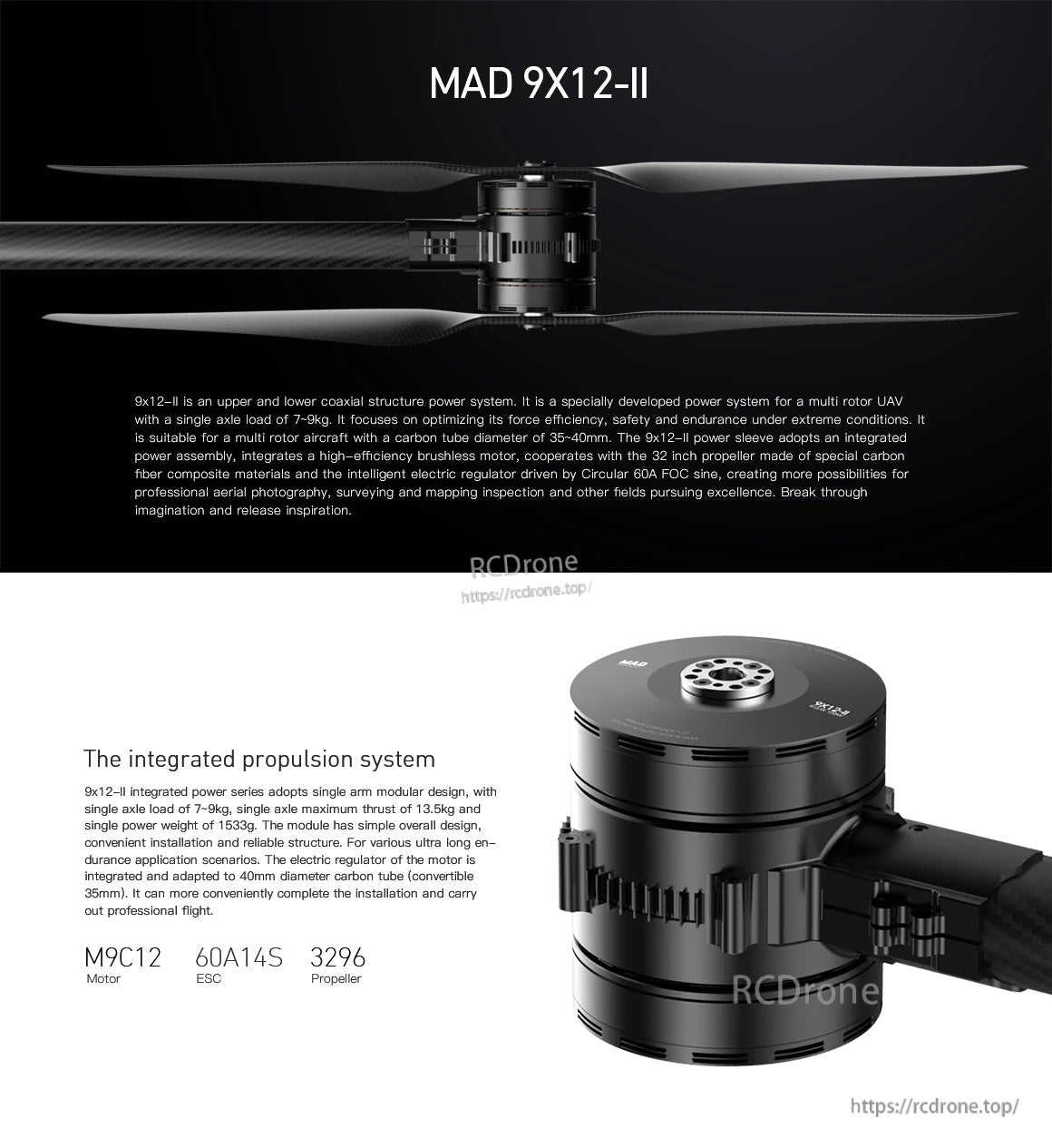 MAD 9X12-II coaxial drone arm with integrated propulsion system, MC912 motor, 60A14S ESC and 3296 propeller