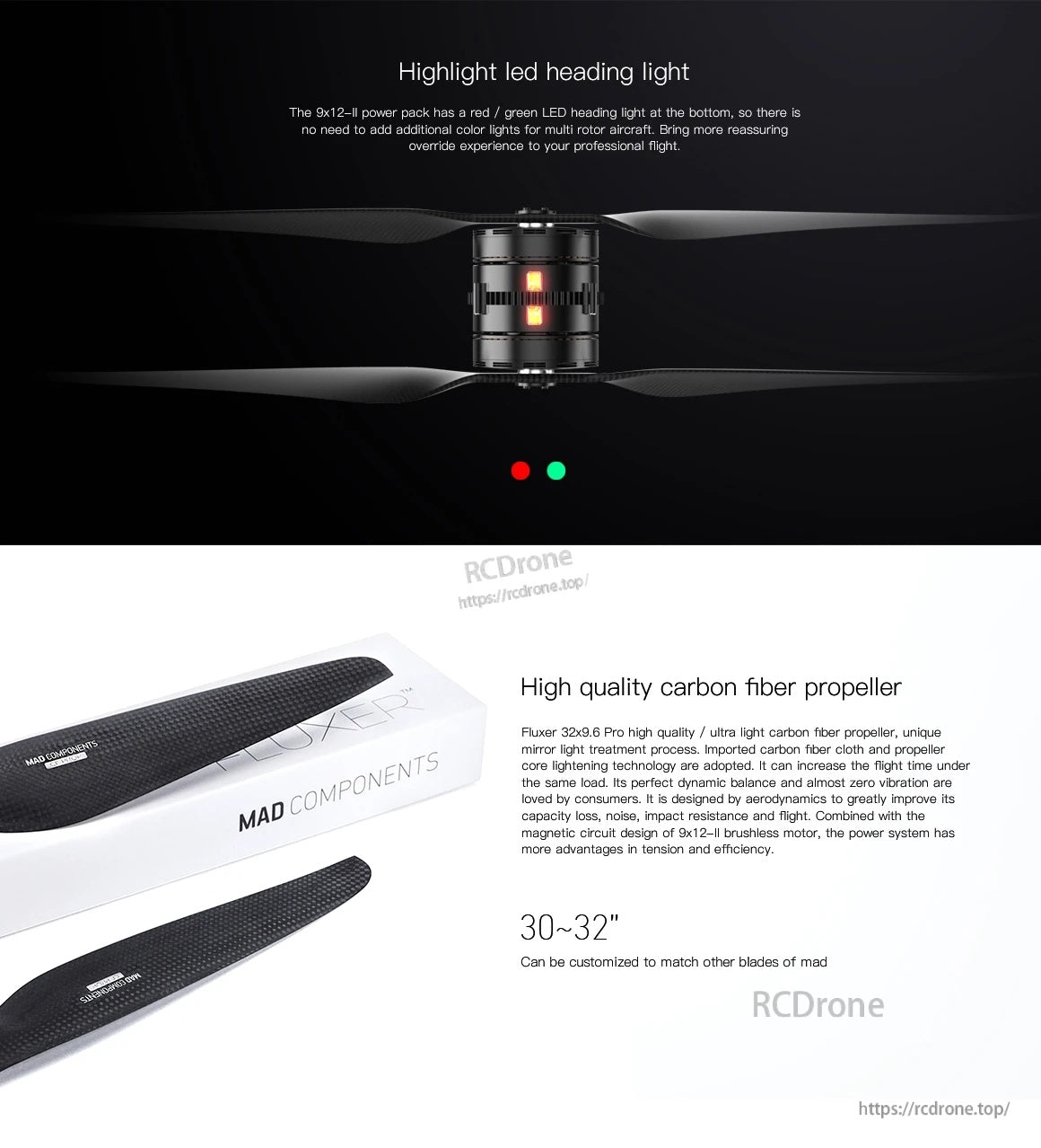 MAD 9X12-II Coaxial Drone Arm, Coaxial drone propellers with central motor hub featuring red and green LED heading lights, plus carbon fiber blades