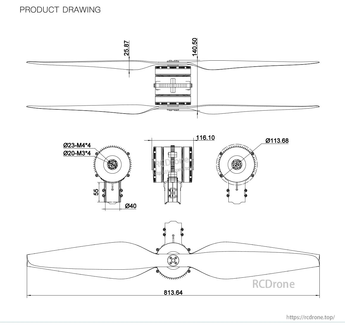Technical drawing of MAD 9X12-II coaxial drone arm with propeller layout and key dimensions in mm