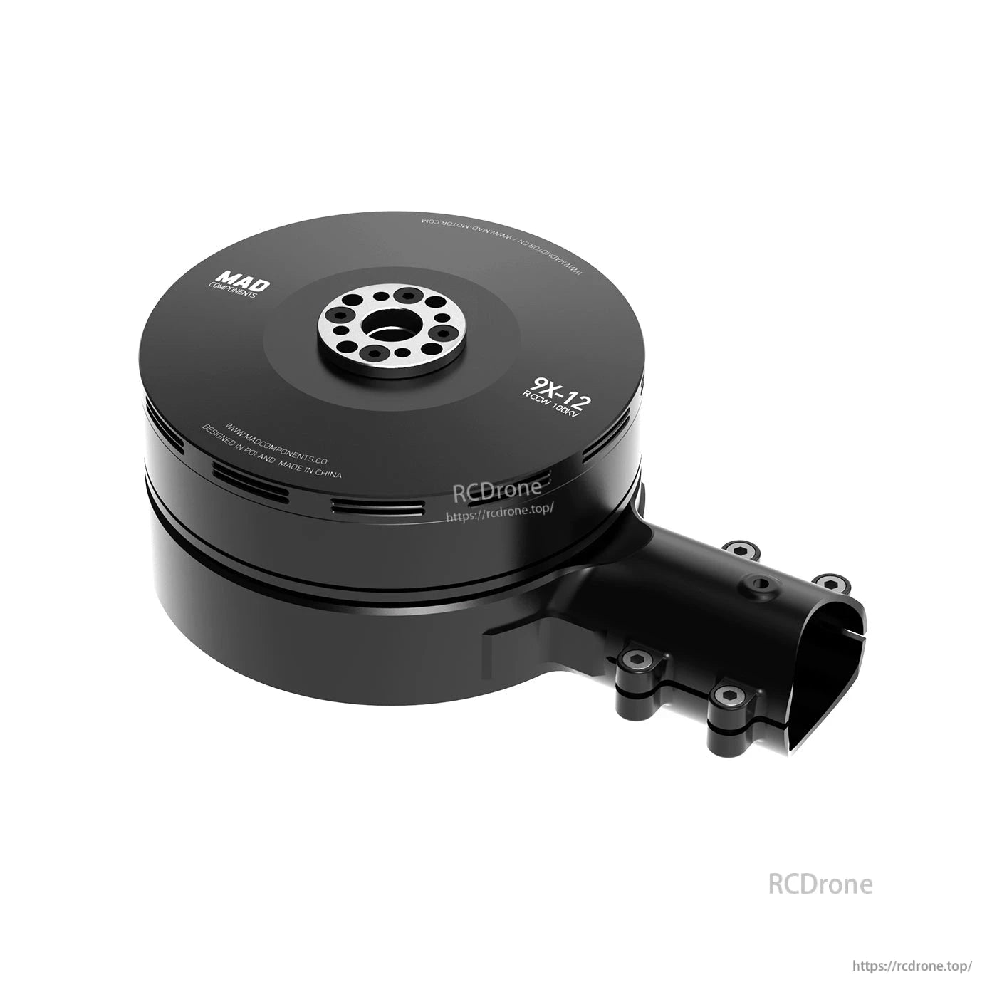MAD 9x-12 Drone Arm, MAD Components 9x-12 drone arm with round motor housing and clamp-style mount, labeled 9x-12 RCW