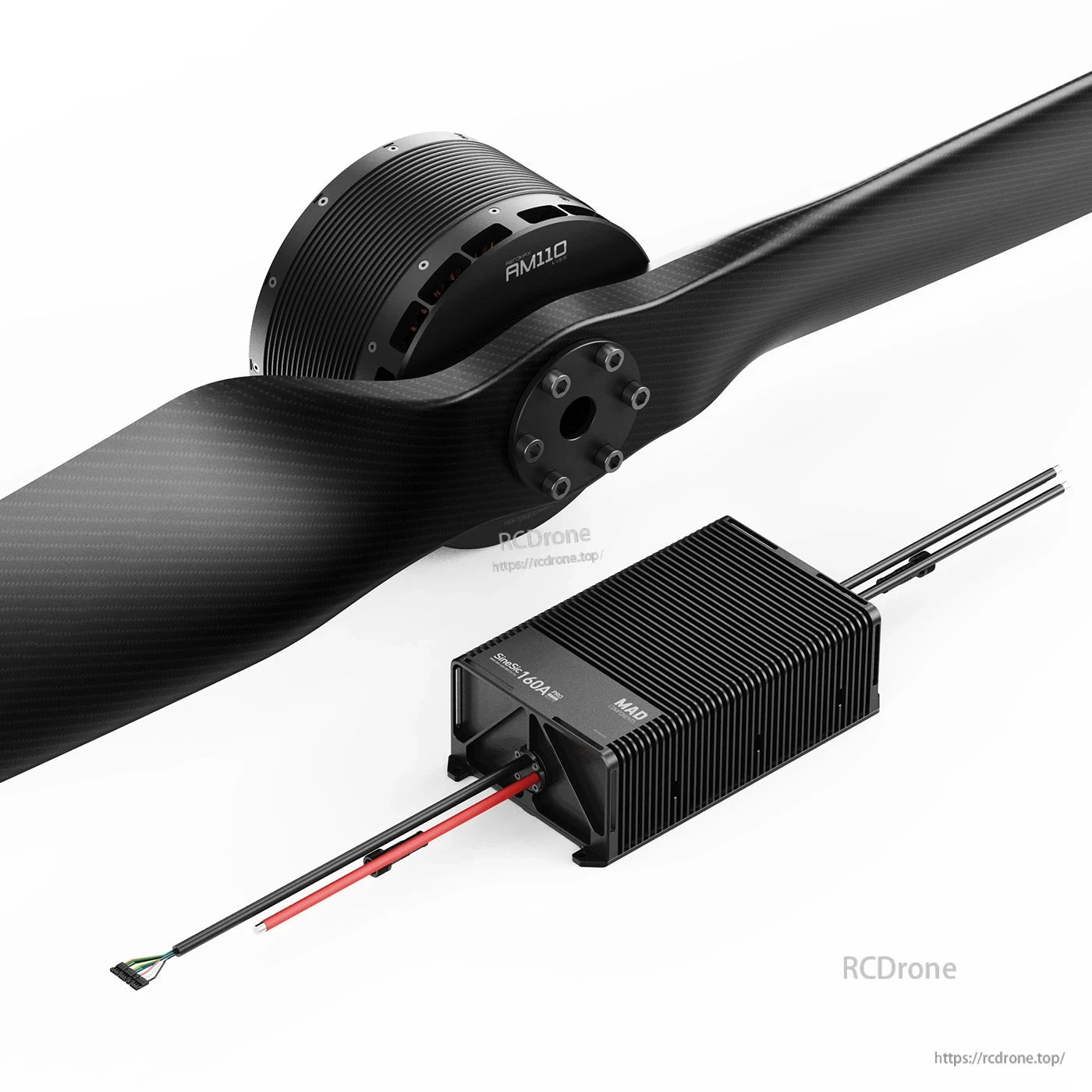 MAD AM110 drone power kit with large carbon-fiber propeller, AM110 motor, and finned ESC with wiring