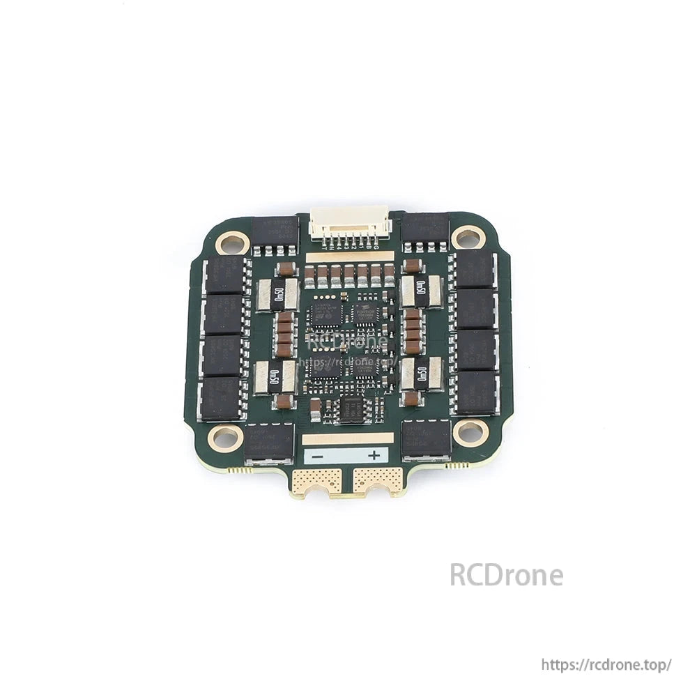 MAD AM32 100A 3-12S 4in1 ESC, MAD AM32 100A 3–12S 4-in-1 ESC board with motor MOSFET banks, mounting holes, and battery +/- pads