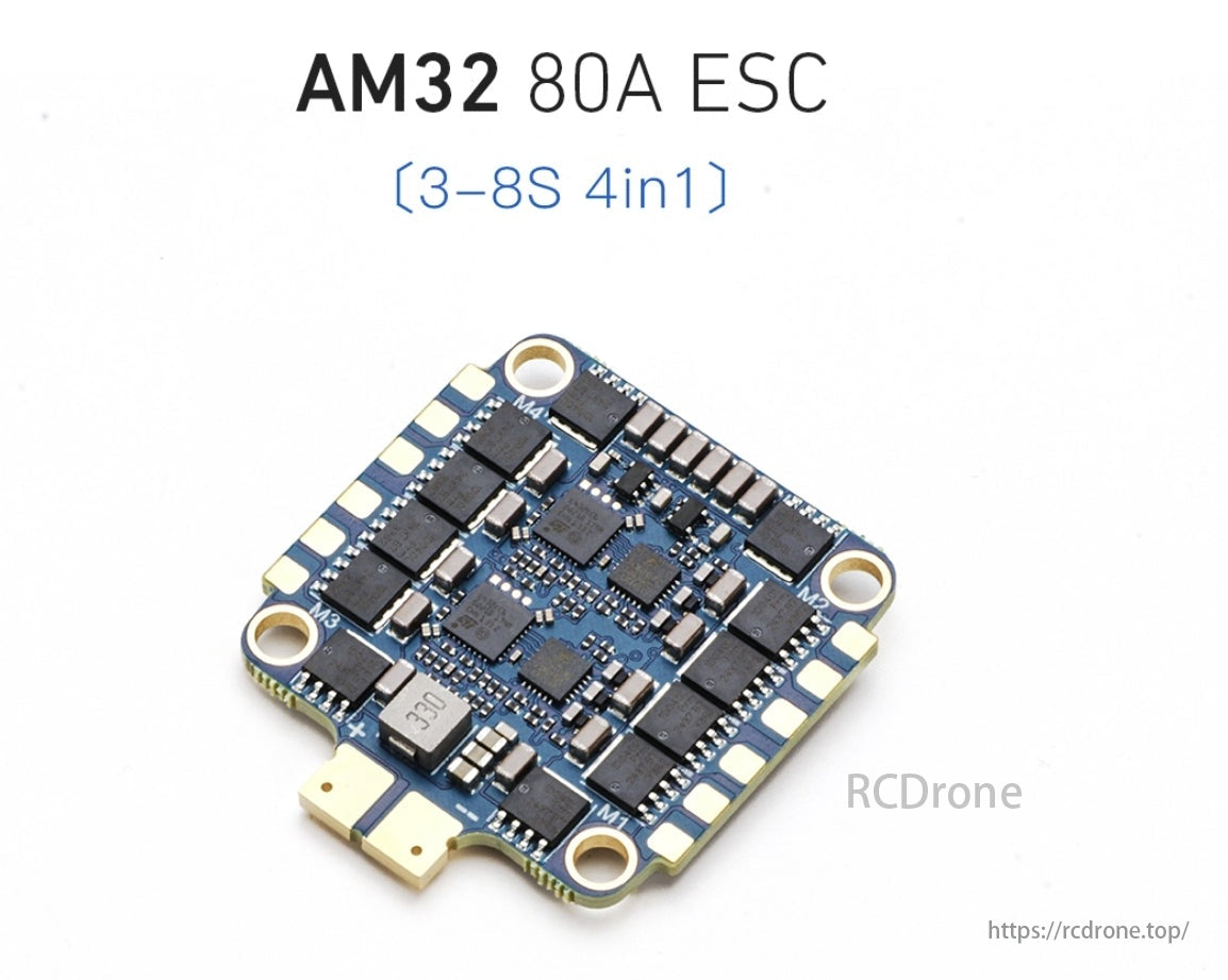 MAD AM32 3-8S 80A 4-in-1 Drone ESC, Key features include supporting 3-8S LiPo batteries, providing versatility in power input for various drone configurations.
