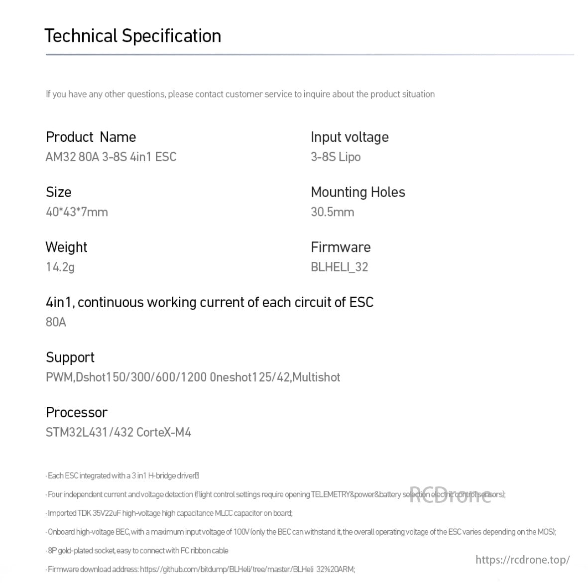 MAD AM32 3-8S 80A 4-in-1 Drone ESC, AM32 80A 4in1 ESC specs: 3-8S Lipo, 40*43*7mm, 14.2g, BLHELI_32 firmware, 80A current, STM32L431/432 processor, PWM/Dshot/Oneshot/Multishot support, H-bridge, high-voltage BEC.